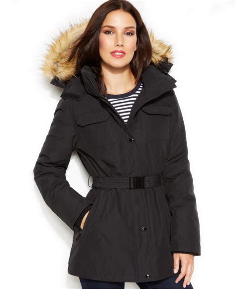 michael kors belted faux fur trim hooded puffer jacket|Michael Kors puffer jacket.